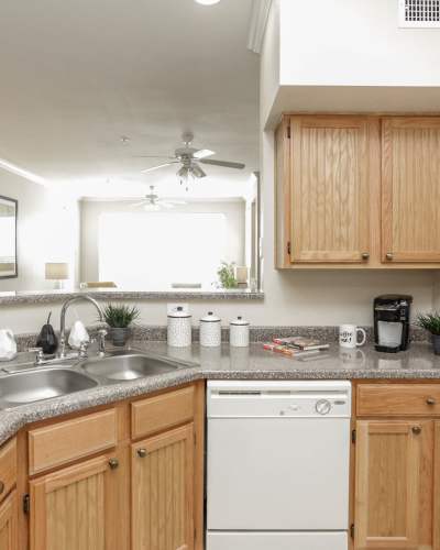 Modern kitchen with wooden cabinets, stainless-steel appliances and granite countertops at Northchase Village in Houston, Texas