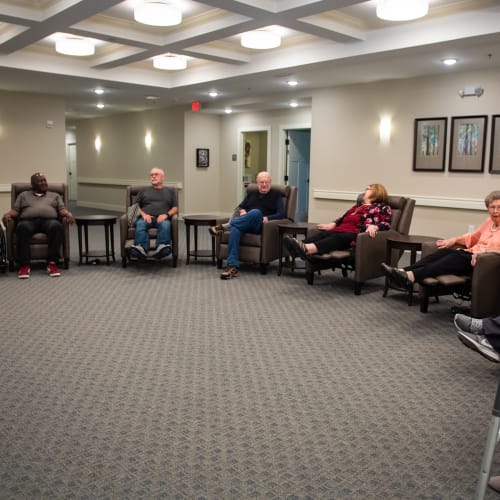 Residents using theater sitting at Westminster Memory Care in Aiken, South Carolina.