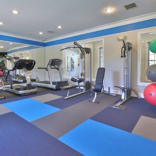 Cardio machines and weights in the high-tech fitness center at Village at Potomac Falls Apartment Homes in Sterling, Virginia