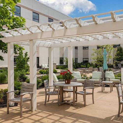 Patio seating at First & Main of Auburn Hills in Auburn Hills, Michigan