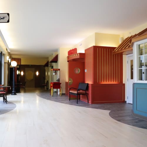 First Street hallway with access to resident amenities at First & Main of Bloomfield Township in Bloomfield Township, Michigan