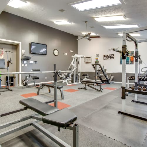 Fitness center with weight racks at The Highlands in Fairborn, Ohio