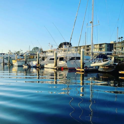 Midday view of calm waters and boats in slips at the marina at Marina Harbor in Marina del Rey, California