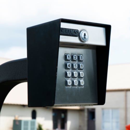 Keypad at the entrance gate of Red Dot Storage in Sycamore, Illinois
