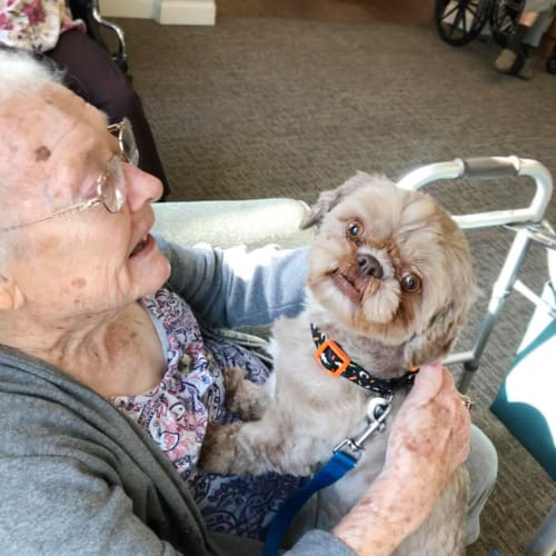 A resident holding a lap dog at FountainBrook in Midwest City, Oklahoma