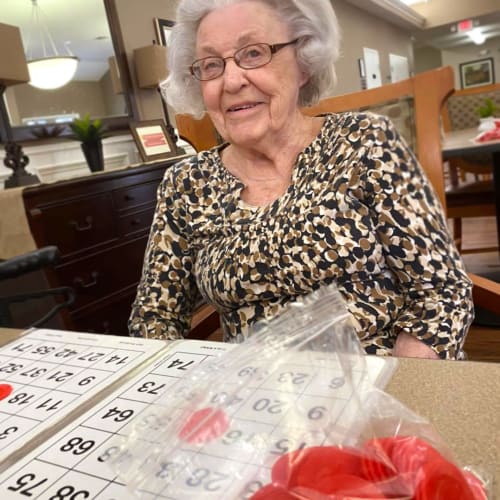 Resident playing Bingo at FountainBrook in Midwest City, Oklahoma
