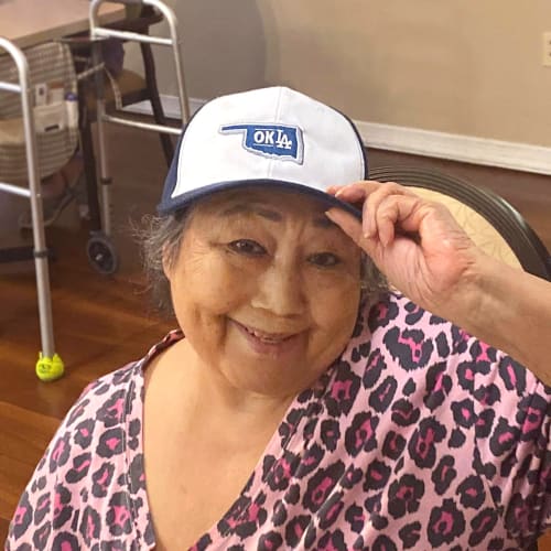 Resident wearing a trucker hat at Canoe Brook Assisted Living in Duncan, Oklahoma