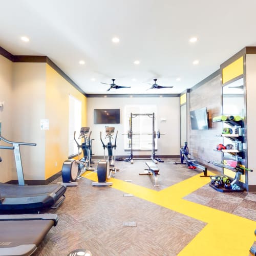 Modern fitness center with a flat-screen TV for workouts at The Palmer in Charlotte, North Carolina