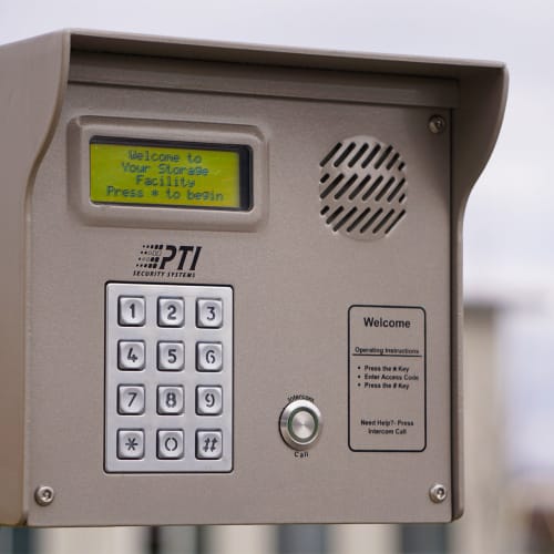 A keypad to open the gate at the entryway of Red Dot Storage in Pittsburgh, Pennsylvania