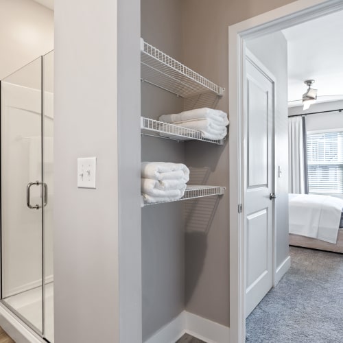 Closet and walk-in shower at Gentry East Apartments in Cincinnati, Ohio