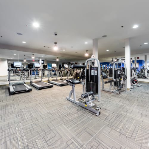 Assisted weight machines with cardio machines in background in fitness room at Marq Eight in Atlanta, Georgia