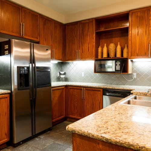 Community clubhouse kitchen with stainless steel appliances and cabinets at Marquis at Texas Street in Dallas, Texas