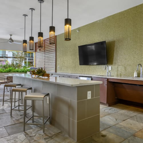 Semi indoor community kitchen with granite counter and counter stools at Sabina in Austin, Texas