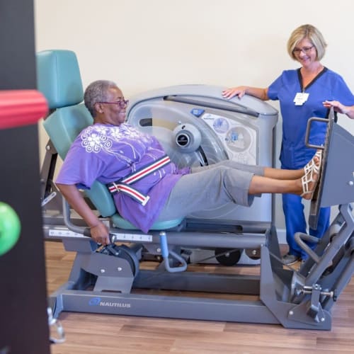 A resident using a machine for physical therapy at Fair Haven in Birmingham, Alabama. 