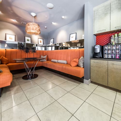 Community clubroom kitchen at The Marquis of State Thomas in Dallas, Texas
