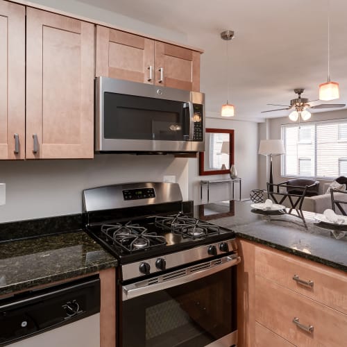 Stainless steal appliances and wood cabinets in the kitchen at Bristol House in Washington, District of Columbia