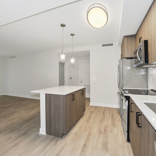 Kitchen area with a nice island for extra space when cooking or having guests over at Madrona Apartments in Washington, District of Columbia
