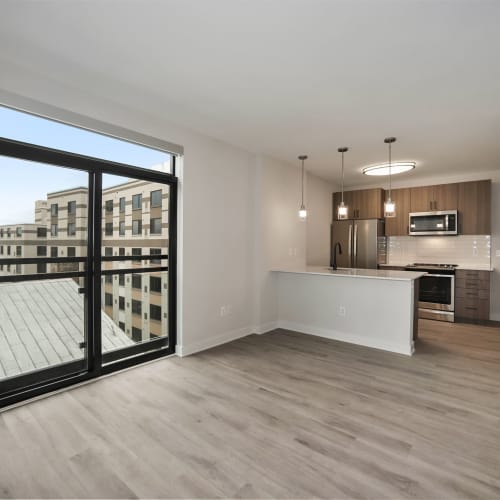 Spacious living room area next to the kitchen at Madrona Apartments in Washington, District of Columbia