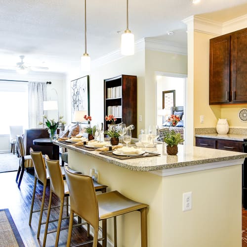 Very spacious kitchen island with bar seating at The Retreat at Market Square in Frederick, Maryland