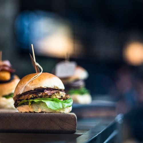 a hamburger ready to be eaten at Home Terrace in San Diego, California