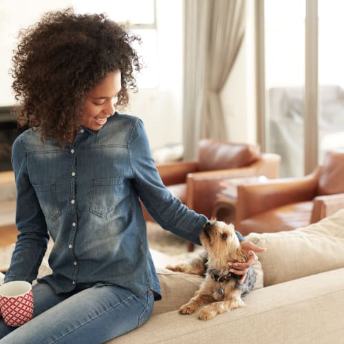 a resident petting her dog on the couch at Sunflower Terrace in Twentynine Palms, California