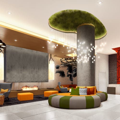 Rendering of the lobby of Solaire 8200 Dixon  with a gas fireplace and eclectic lounge seating in Silver Spring, Maryland