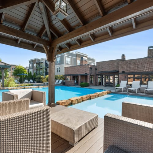 Poolside firepit lounge at Palmer House Apartment Homes in New Albany, Ohio