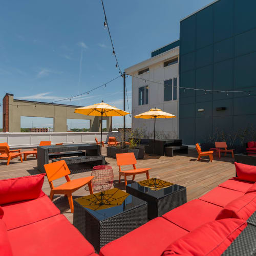 Rooftop deck with couches at Element at Ghent in Norfolk, Virginia