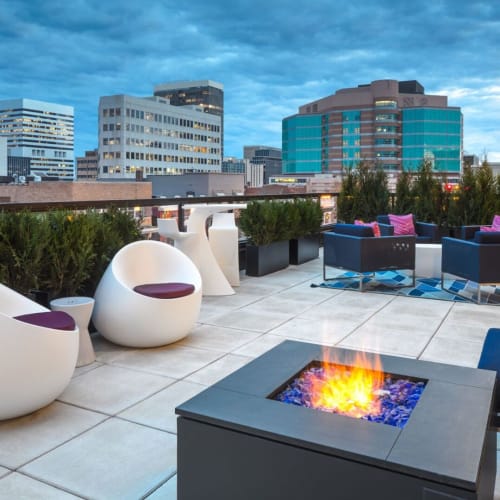 Rooftop deck with firepit at Ceylon in Clayton, Missouri