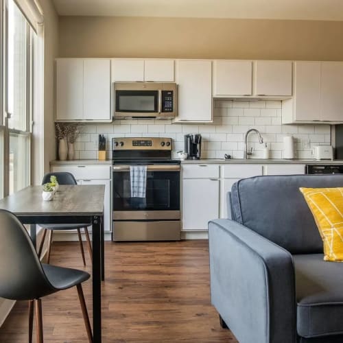 An apartment with wood flooring at CORE in Ames, Iowa
