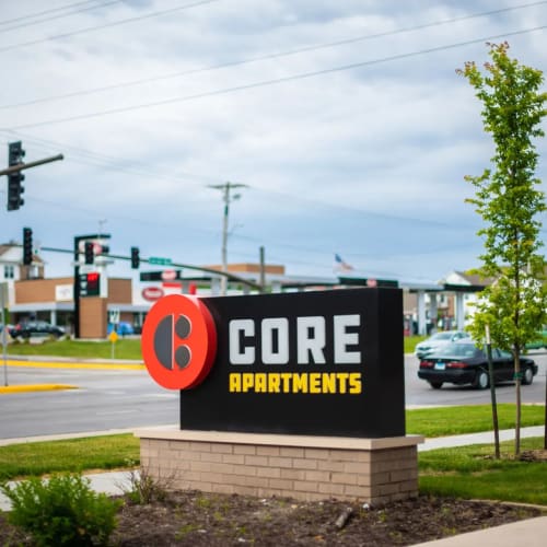 Community sign and landscaping at CORE in Ames, Iowa
