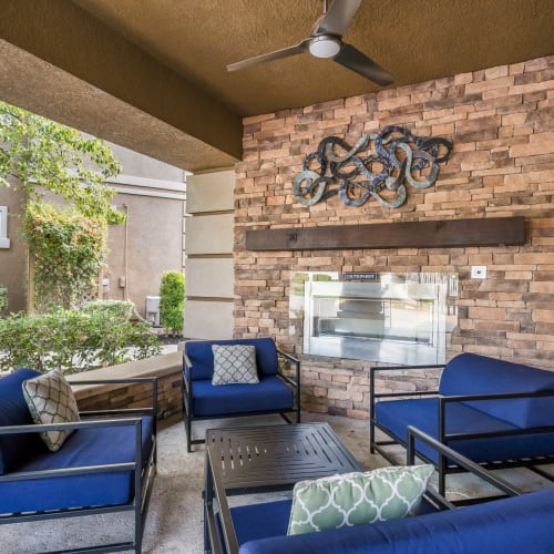 Outdoor lounge and fireplace at Sherwood in Folsom, California