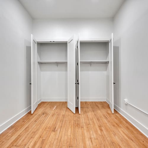 An apartment bedroom with large closet at Theatre Lofts in Birmingham, Alabama