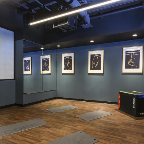 Yoga studio in the fitness center at Landmark Glenmont Station in Silver Spring, Maryland