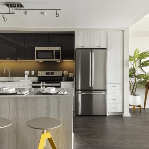 Interior of kitchen with stainless steel appliances and hardwood flooring at Solaire 8200 Dixon in Silver Spring, Maryland