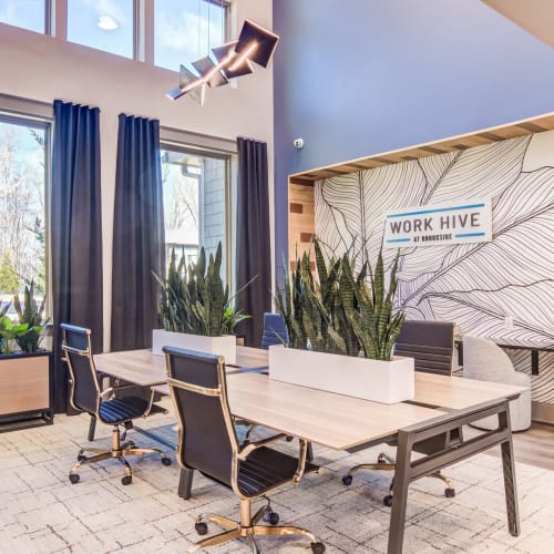 Business seating in the community clubhouse at Brookside Heights Apartments in Cumming, Georgia