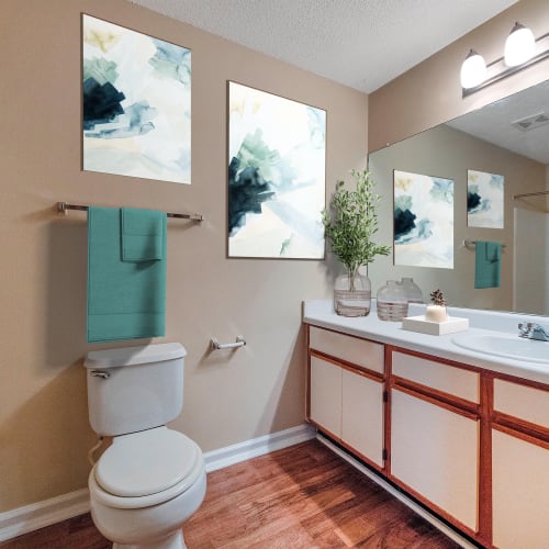 Bathroom with a big mirror at The Cove at Cloud Springs Apartment Homes in Fort Oglethorpe, Georgia