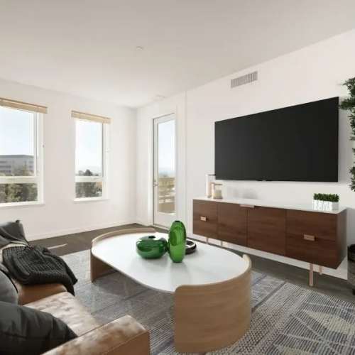 Modern living room at 353 Main Street Family Apartments in Redwood City, California