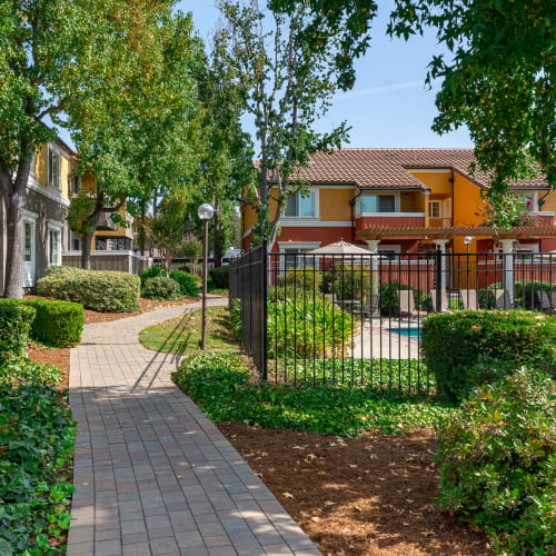 Walking path through the beautifully landscaped grounds at Peppertree Apartments in San Jose, California
