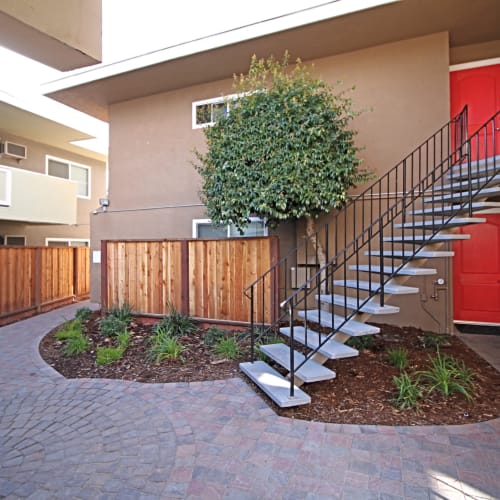 Outdoor staircase at Coronado Apartments in Fremont, California