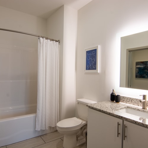 Light wood cabinets and a full-sized bathtub in an apartment bathroom at Innslake Place in Glen Allen, Virginia
