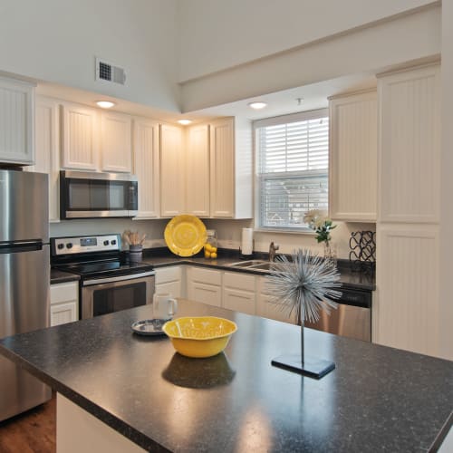 Granite countertops in an apartment kitchen at Cottages at Emerald Cove in Savannah, Georgia
