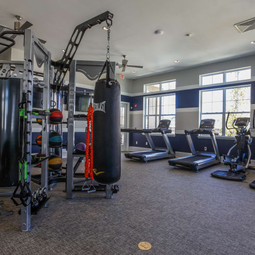 Weightlifting equipment in the fitness cneter at Cottages at Emerald Cove in Savannah, Georgia 
