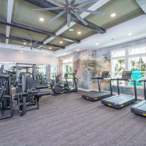 A row of treadmills and exercise equipment in the fitness center at The Station at Fleming Island in Fleming Island, Florida