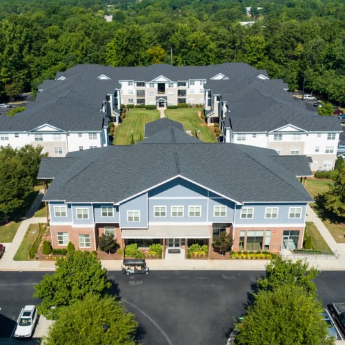 Aerial view of the community clubhouse at North Hills at Town Center in Raleigh, North Carolina
