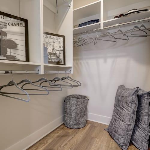 Shelving in a walk-in closet in an apartment at Mallory Square at Lake Nona in Orlando, Florida