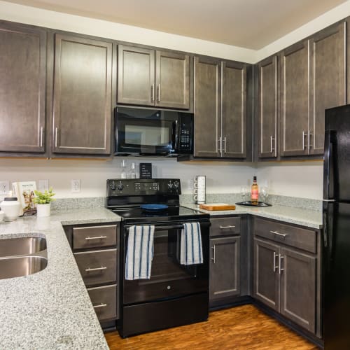Kitchen with sleek black appliances at Glenmoor Oaks in Moseley, Virginia