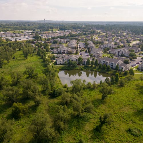 Overhead view of pond near Houston Lake Apartments in Kathleen, Georgia