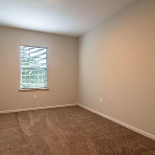 Resident bedroom with plush carpeting at Houston Lake Apartments in Kathleen, Georgia