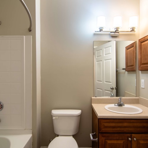 Resident bathroom with great lighting at Houston Lake Apartments in Kathleen, Georgia